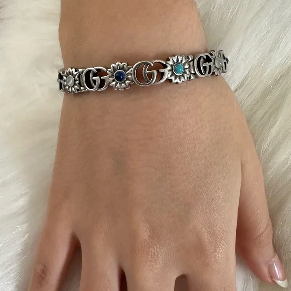 Gucci Silver Bracelet with Blue and Green Gems - Picture 2 of 10